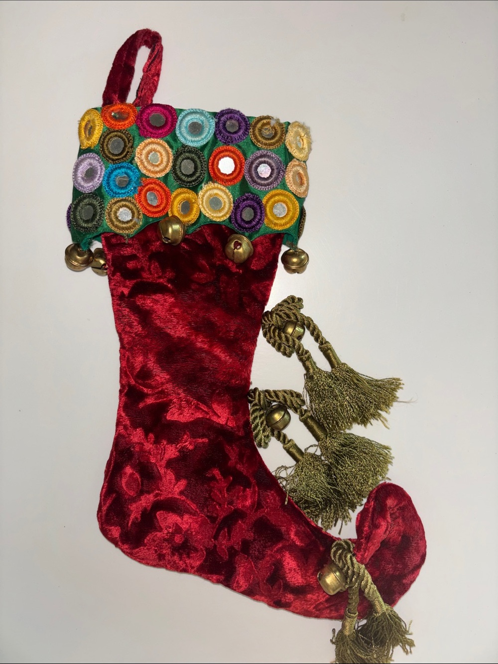 Vintage Wayne Kleski Mini Festive Velvet Christmas Stocking with Multicolor Trim
